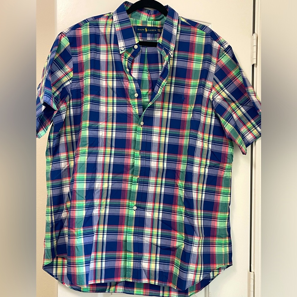 Men’s polo by Ralph Lauren button up short sleeve plaid XXL